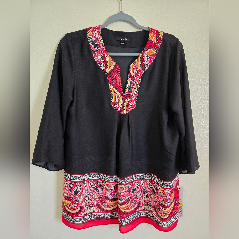 RAFAELLA Paisley Style Print Bohemian Style 3/4 Sleeve V-Neck Tunic (Size M) NWT